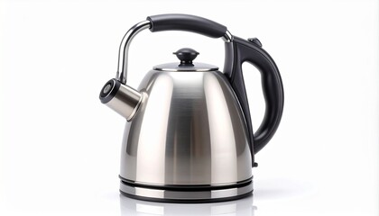 A stainless steel stovetop kettle with black handle and flip‑top spout, wide base design.