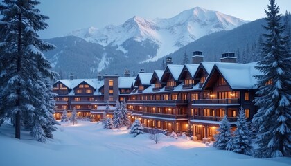 Large wooden hotel building in snowy mountains. Warm lights shine from windows on winter night. Pristine snow covers pine trees and grounds.