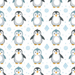 Fototapeta premium Cute cartoon penguins pattern on white background with snowflakes and diamonds
