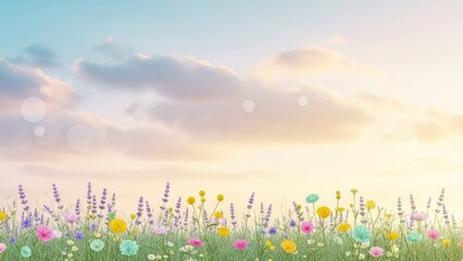 A vibrant meadow with a variety of flowers and grass under a clear blue sky with fluffy white clouds.