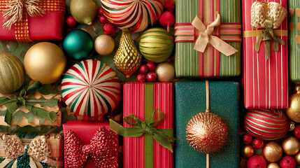 Festive Holiday Cheer: An artistic arrangement of colorful presents, ornaments, and vibrant decorations evokes joyous seasonal vibes.