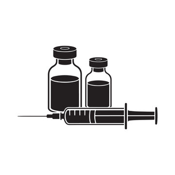 A monochrome graphic depicts two vials and a syringe for medical use