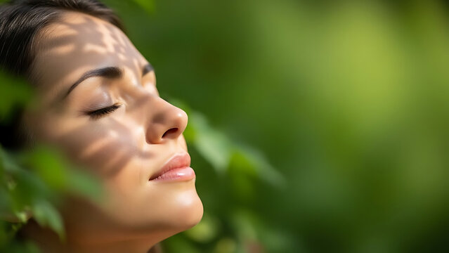 Serene profile portrait of a woman with eyes closed and soft leaf shadows on her face in a sunny green garden