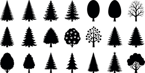 Black Tree Silhouette Collection Set with Pine Fir Spruce and Deciduous Forest Icons Isolated on White Background for Nature Vector Design © BIPUL