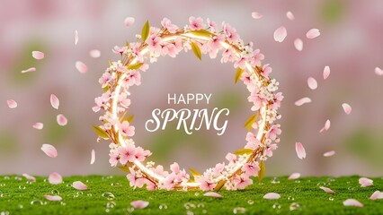 Happy Spring Greeting Card with Glowing Cherry Blossom Wreath and Falling Petals