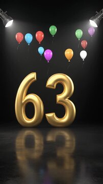 Number 63 in the spotlights with balloons in the background. Festive scene for birthday or anniversary party