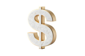 A luxurious 3d render of a dollar sign crafted from white marble and gold details isolated on transparent background