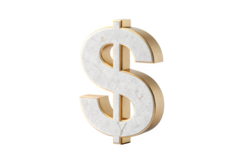 A luxurious 3d render of a dollar sign crafted from white marble and gold details isolated on transparent background