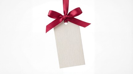 close up of card note with red ribbon on white background