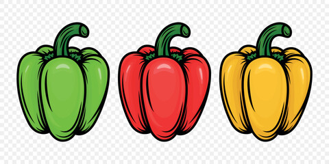 Flat Cartoon Vector Bell Peppers Set with Outline. Red, Yellow, Green Sweet Peppers Illustration. Fresh Vegetables for Food Market, Healthy Cooking, Vegetarian Recipe Design, Farm Organic Product Icon