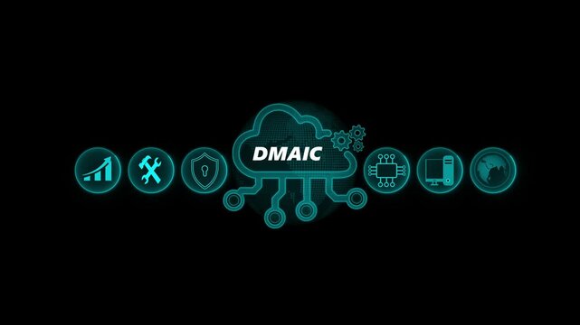 DMAIC Process Improvement Global Network Concept. Business, Technology, Internet and network concept. Cloud computing for data storage, Cloud icon with data icon on world background