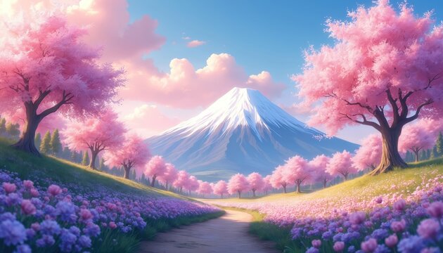 Winding dirt path leads through field of purple flowers towards majestic snow capped mountain. Pink cherry blossoms bloom on trees framing path. Soft pastel clouds drift across bright blue sky.