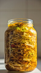 Close up view of homemade jarred sauerkraut, layers of fermented cabbage in brine. natural and healthy probiotic food with warm light shining through glass container