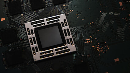 Close-up of a gaming console system board featuring a central processor and memory chips, showing detailed electronic circuits and modern hardware architecture on a dark technology background