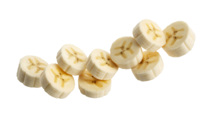 A cluster of ripe yellow banana fruit pieces showcasing a healthy organic natural fresh snack food item, isolated on transparent background