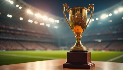Golden trophy sits on wooden table in empty stadium. Lights shine on green field. Symbolizes victory achievement and championship prize. Represents sports success and ultimate reward.