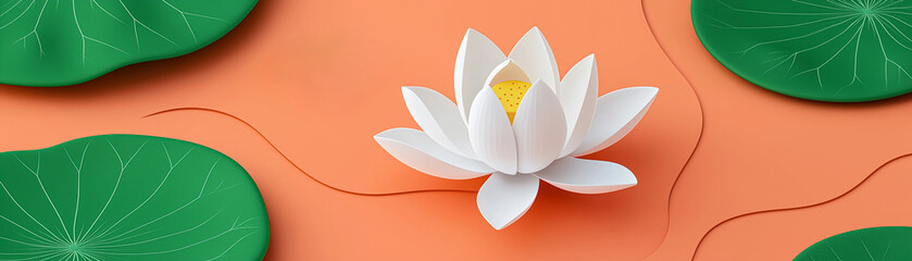 Serene white lotus flower green leaves peach background minimalist 3d art