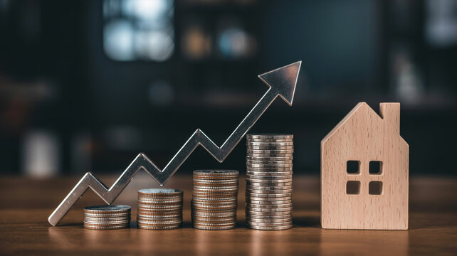 Stacked coins and house with rising arrow
