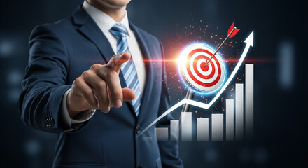 A businessman precisely points his finger at a glowing target representing financial growth.