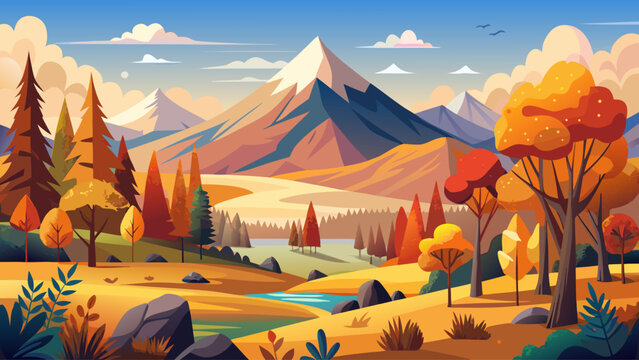 Autumn mountain landscape vector with colorful trees, warm fall palette, flat illustration style
