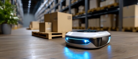 Obraz premium Automated Robot in Modern Warehouse with Boxes and Shelves