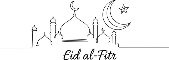 Eid alFitr celebration illustration with mosque and crescent moon