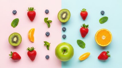 Fruit arrangement with strawberries, kiwi, blueberries, and oranges on a pastel background.