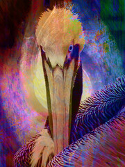 A brown pelican with a colorful background