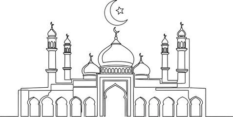 A line drawing of a mosque with minarets and domes under a crescent moon and star © Pixel Verses