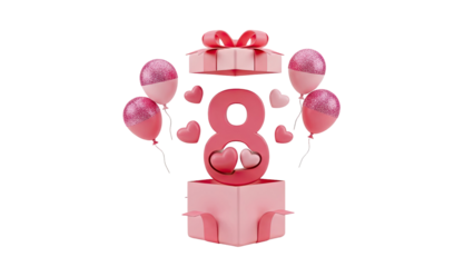 3D Pink Number 8 with Balloons and Gift Box on transparent background