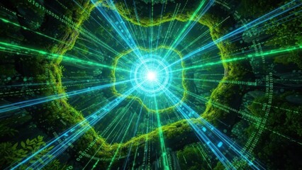 Digital forest tunnel with glowing binary code technology