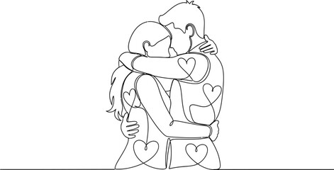 Naklejka premium line drawing of couple hugging with hearts around them in love