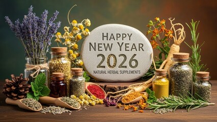 Happy New Year 2026 natural herbal supplements arrangement