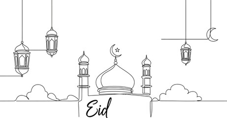 Eid Mubarak celebration with mosque and lanterns illustration © Pixel Verses