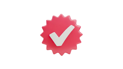 3D Red Starburst Badge with White Checkmark on transparent background