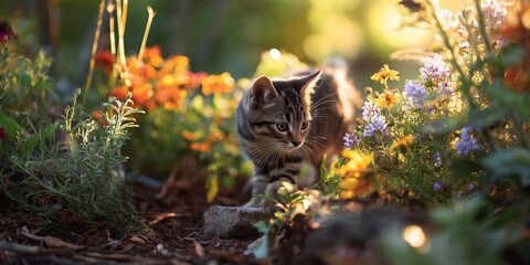 Obraz premium Cat explores garden in sunlight with flowers during golden hour