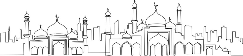 Islamic architecture cityscape with mosques and minarets in a Middle Eastern city skyline © Pixel Verses