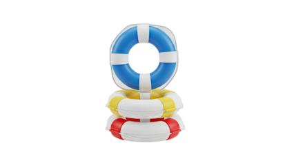 3D Stack of colorful life buoys with ropes on transparent background