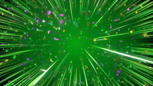 Green screen streamer + confetti combo blasting forward toward the camera 4k video
