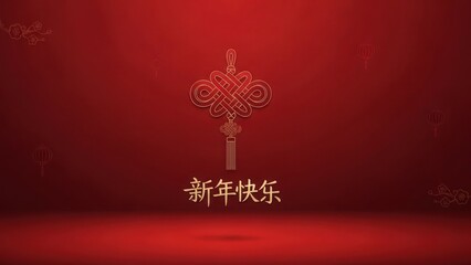 Chinese New Year greeting card with traditional knot design and red background.