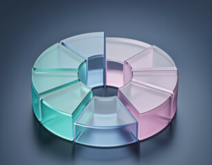 3d pie chart of colored frosted glass shows data analysis and business information. Each section of graph represents different part of corporate report or statistic