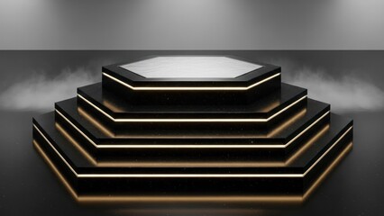 A black and gold hexagonal podium with smoke in the background.