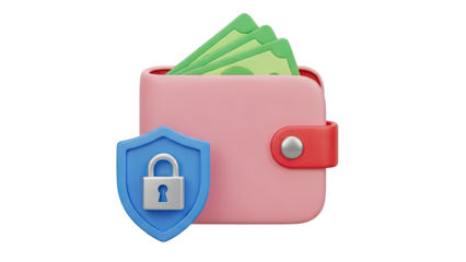 3D Wallet with money and security shield icon on transparent background