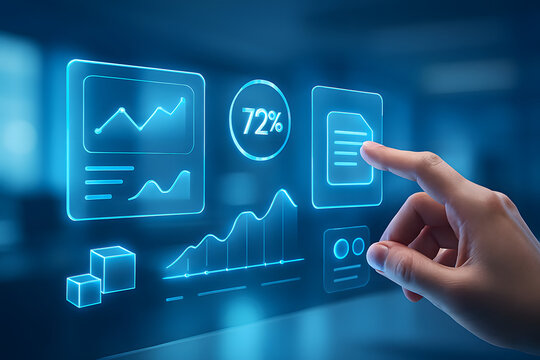 Hand interacting with futuristic glowing digital interface displaying charts and data - Powered by Adobe