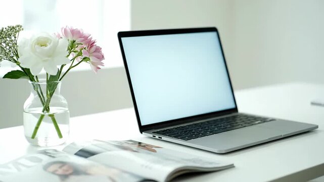 Clean workspace with laptop, magazine and flowers on a bright desk.