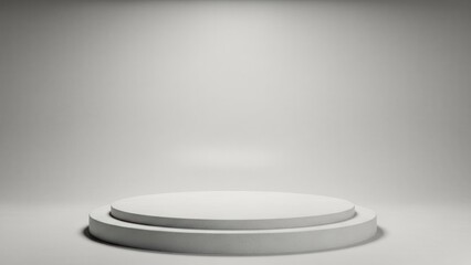 A white, round pedestal with a smooth, polished surface, illuminated from above, against a plain, light gray background.