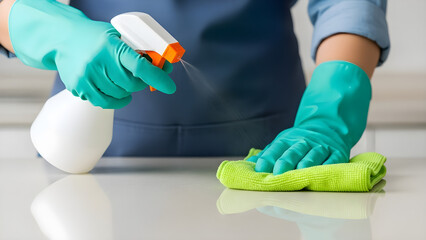 Person wearing green gloves cleaning surface with spray bottle and cloth