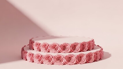 A pink cake with pink roses on a pink background.