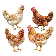 Four chickens on black background