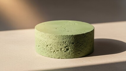 A green, round, cylindrical object with a rough texture on a light-colored surface with a shadow cast by a light source.